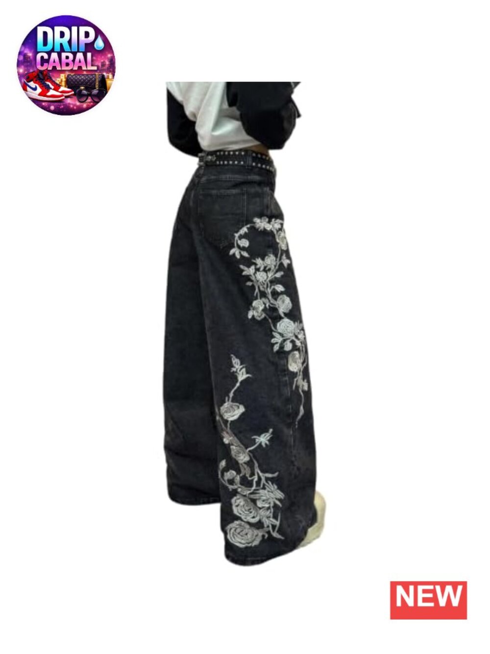 Womens Wide Leg Baggy Jeans Floral Embroidery Y2K Denim Rose Stitching